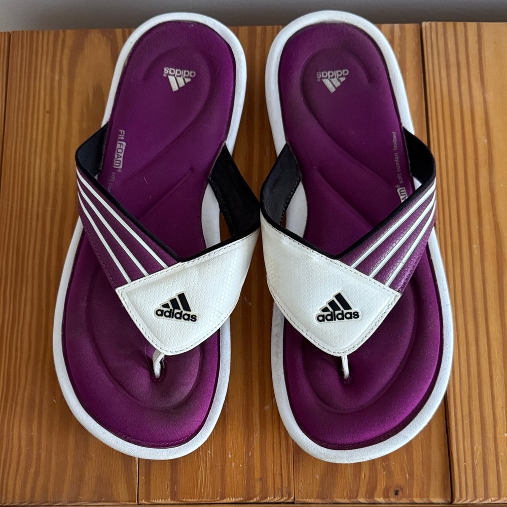 Adidas White and Purple Fit Foam Sandals Size 8